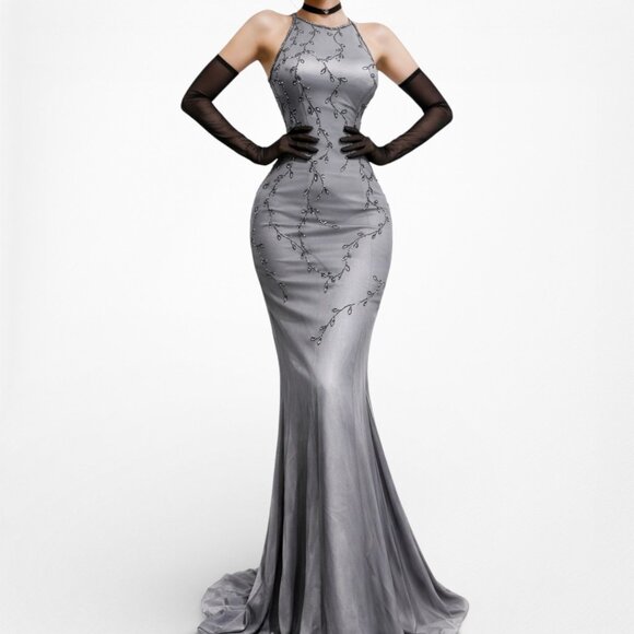 Vintage Y2K Gray Floral Beaded Silk Fit Flared Maxi Formal Prom Dress Size M
